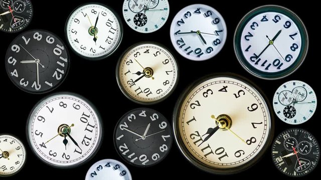 Various clock in one frame time lapse. Time concept footage made of real, different clock faces. Showing different time on black background. 4k.