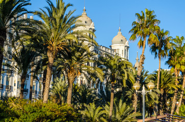 Architecture and palm trees in the Mediterranean city of Alicante, Spain