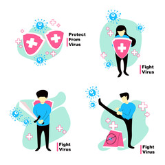 Vector illustration fight and protect from corona virus covid-19. people fight and defent virus concept. avoiding corona viruses. viruses vaccine concept.
