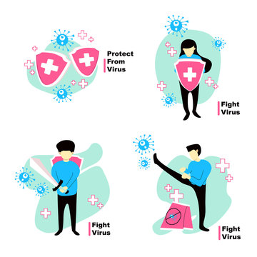 Vector illustration fight and protect from corona virus covid-19. people fight and defent virus concept. avoiding corona viruses. viruses vaccine concept.