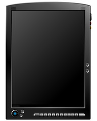 Vector design of a black brandless electronic book concept with multiple buttons. Isolated on white. Can represent reading, portable electronics, high tech, online communications, computers.