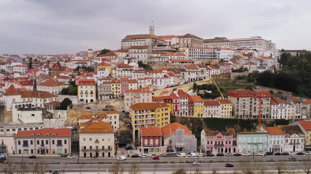 Beautiful aerial across the Modego River towards Coimbra, Portugal.