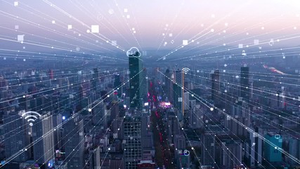 smart Connected city skyline. Futuristic network concept, city Technology.	