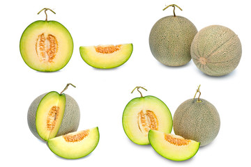 whole and slice of melons on white background, yellow melon or cantaloupe melon with seeds isolated on white background