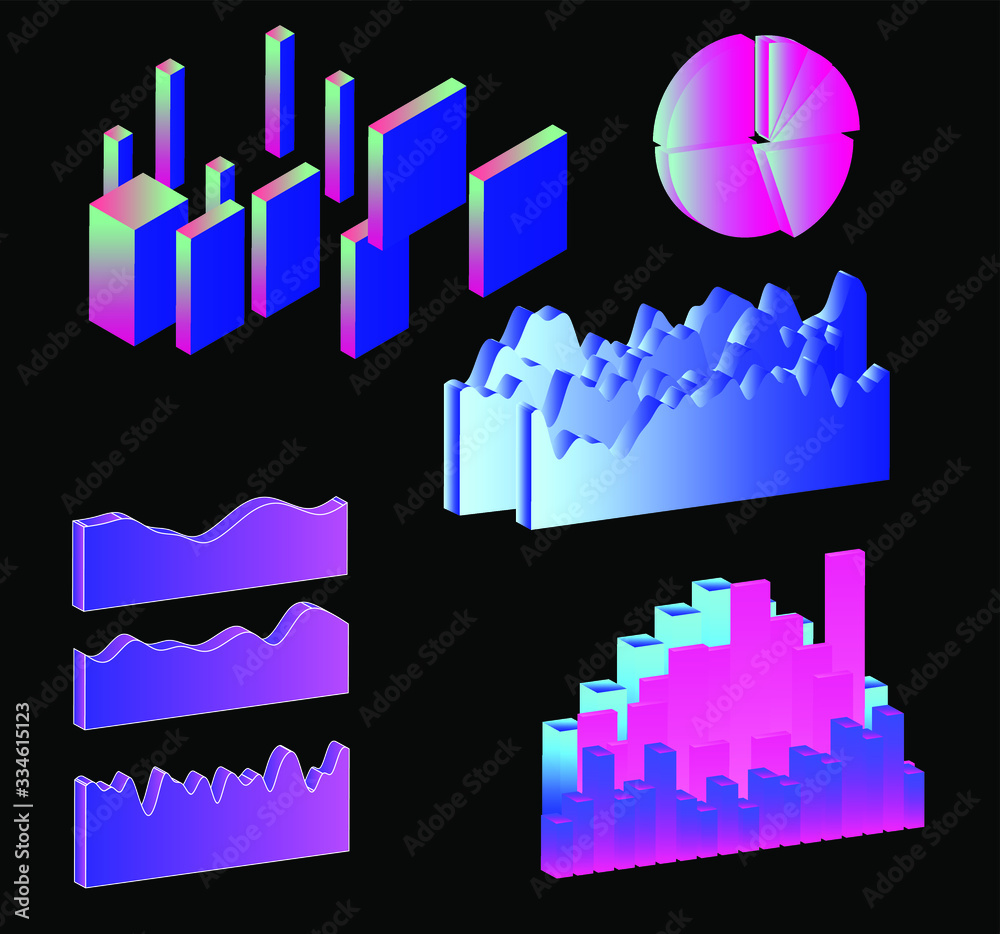 Poster Set of 3D graphs, charts, histograms and plots for UI and UX design.