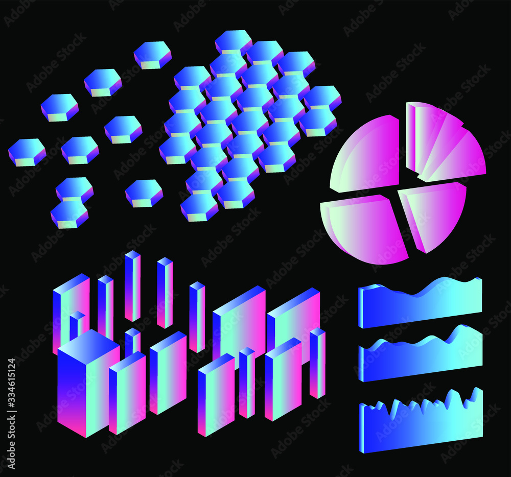 Poster Set of 3D graphs, charts, histograms and plots for UI and UX design.
