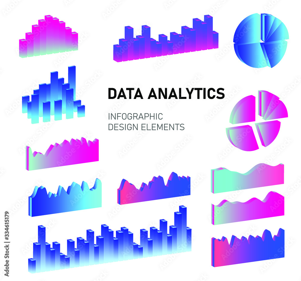 Poster Set of 3D graphs, charts, histograms and plots for UI and UX design.