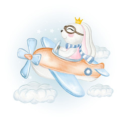 Cute bunny girl on a plane watercolor illustration © orchidart