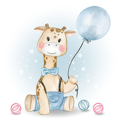 baby giraffe holding balloon and playing balls watercolor illustration © orchidart