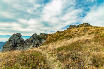 Carpathian mountains moody landscape highland pasture rocky picturesque scenic view outside environment early autumn September season