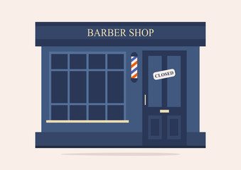 Barber shop exterior, hairdresser salon, closed sign, empty, no people