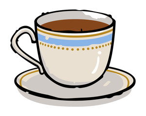 Vector illustration of a small coffee cup on a plate. Isolated on white. Can represent a morning, tea, a cappuccino, a breakfast, a restaurant, warmth, caffeine, a kitchen, cocoa, a hot chocolate, a m