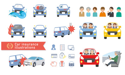 自動車　車　自動車保険　イラスト　ベクター　人物　セット