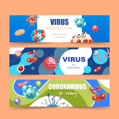 Virus banner design with virus cartoon vector illustration.