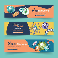 Virus banner design with virus cartoon watercolor illustration.