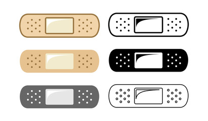 Adhesive elastic plaster bandage design set of 6. Simple vector illustration icon logo sign symbol representation for medical needs or care, first aid, doctor, nurse, hospital, etc.