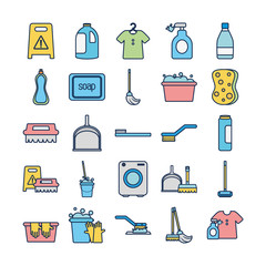 Naklejka premium disinfection elements and cleaning brushes icon set, line fill style