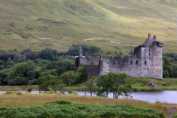Loch Awel (Scotland), UK - August 15, 2018: Loch Awe with views to the ruins of Kilchurn Castle, Scotland, United Kingdom