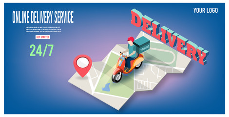 Online delivery service concept with delivery man ride scooter delivering parcel box.  vector illustration.