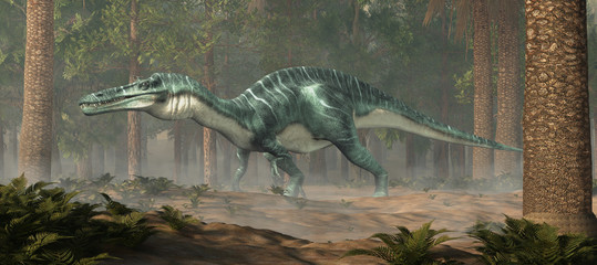 Suchomimus was a large carnivorous spinosaurid theropod dinosaur that lived in Cretaceous era Africa. It likely at fish and was semi-aquatic. Depicted in a forest. 3D Rendering 