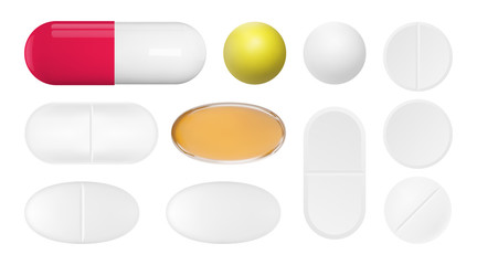 Realistic pills set. Isolated pharmaceutical drugs. Vector medications mockup.