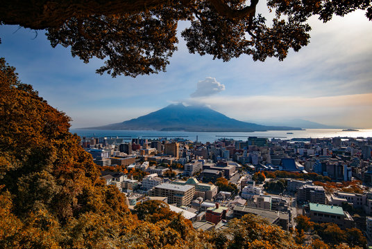 Fototapeta Kagoshima city, Kagoshima, Japan. November 15, 2019. A city on Japan's Kyushu Island, is the capital of Kagoshima Prefecture. It's best known for Sakurajima, an active volcano that faces Kinko bay.