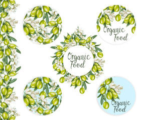 Stickers with a pattern of olive branches and flowers. Elements for design. 