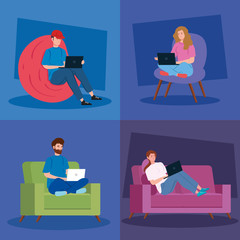 set scenes of young people working in telecommuting vector illustration design