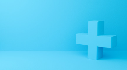 3D rendering of plus symbol on blue abstract background.