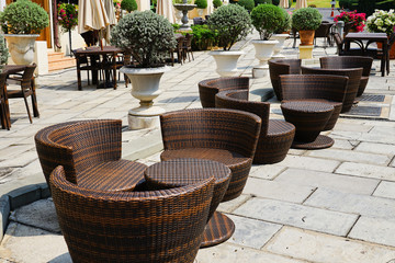 Rattan Outdoor Garden Furniture And Flower Pot Planters in the Outdoor.