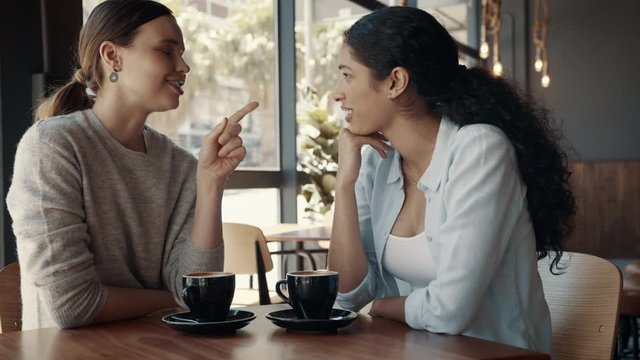 Happy young female friends in a coffee shop. Two women sitting at a coffee table talking and smiling. 