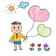 Painting by children. A boy with a balloon With clouds and sun