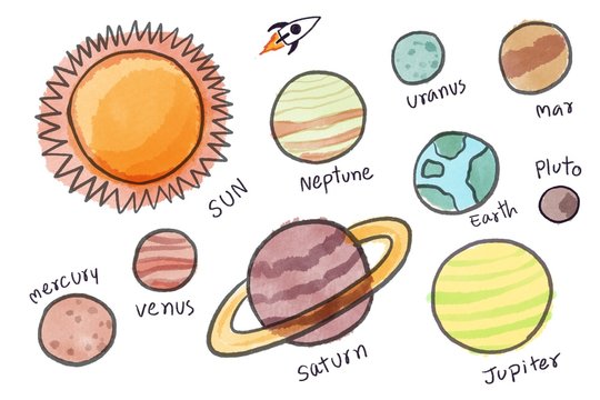 Watercolor paintings depicting planets in the solar system