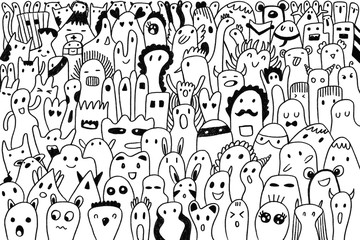Funny monsters Black and white background. Hand drawn doodle style
