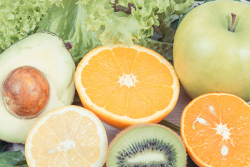 Fresh ripe fruits with vegetables as healthy nutritious snack containing vitamins