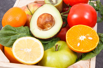 Ripe fruits with vegetables as healthy nutritious snack containing vitamins