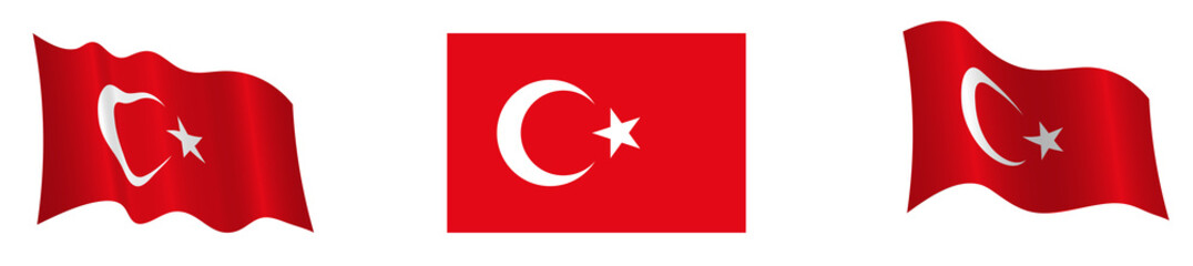Flag of the Turkish Republic in a static position and in motion, developing in the wind, on a white background