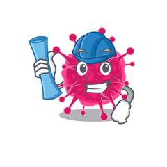 Cartoon character of picornaviridae brainy Architect with blue prints and blue helmet