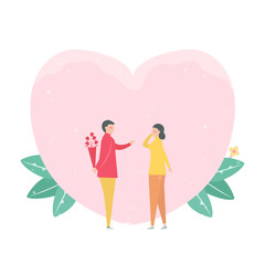 Man gives a bouquet of flowers to his girlfriend. Scene design about couple of love in winter season. Vector illustration in flat style.