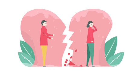 Broken heart of lover. Drop down of rose. Scene design about couple of love in winter season. Vector illustration in flat style.