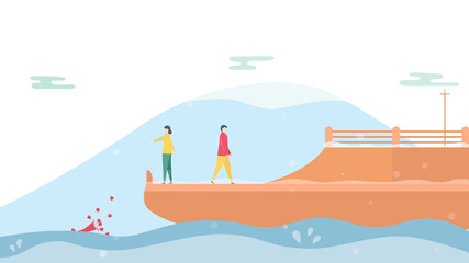 Couple of love is broken heart on cruise ship in winter season. Drop down of rose on the sea. Vector illustration is in flat style.