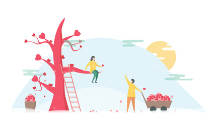 Man harvests hearts for his girlfriend. Couple of love design in winter season. Vector illustration in flat style.