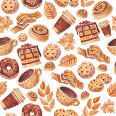 Autumn pattern with coffee, donuts and cookies