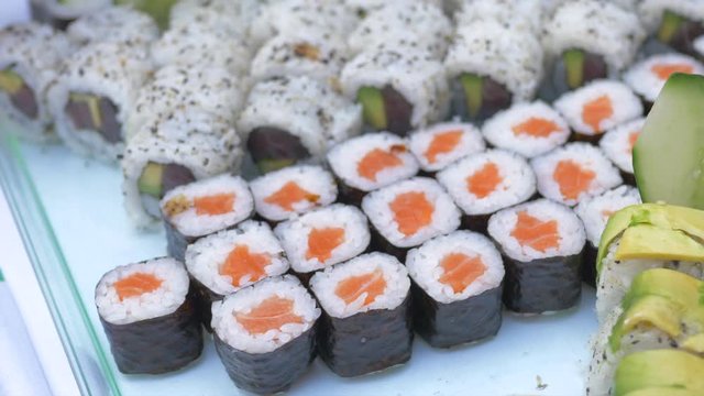 Closeup clip of sushi rolls during a villa party in Ibiza