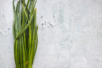 Fresh green onion sprouts on table background. Top above flat lay view. Copy space.