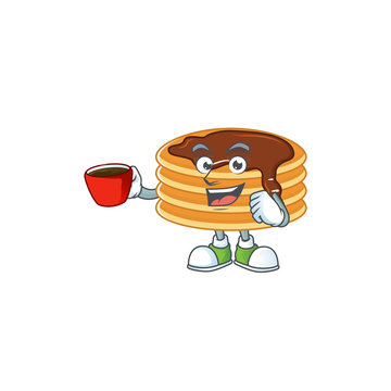 An image cartoon character of chocolate cream pancake with a cup of coffee