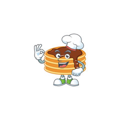 Chocolate cream pancake cartoon design style proudly wearing white chef hat
