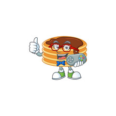 Chocolate cream pancake talented gamer mascot design play game with controller