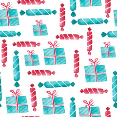 Watercolor Christmas pattern, mint and pink