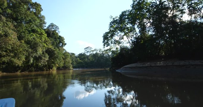 Speeding upstream on the Rio Tiputini, the Ecuadorian Amazon, The river runs through pristine primary rainforest bordering Yasuni National Park